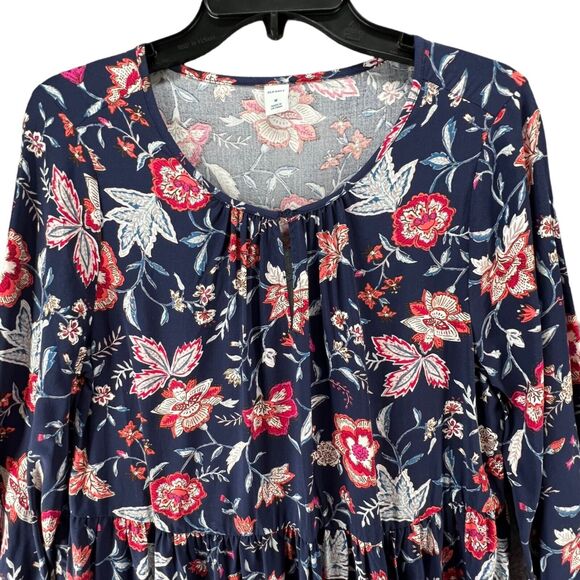 Old Navy Dress Womens Medium Blue Floral Rayon Boho Long Sleeve Mini Keyhole NEW - Picture 4 of 14